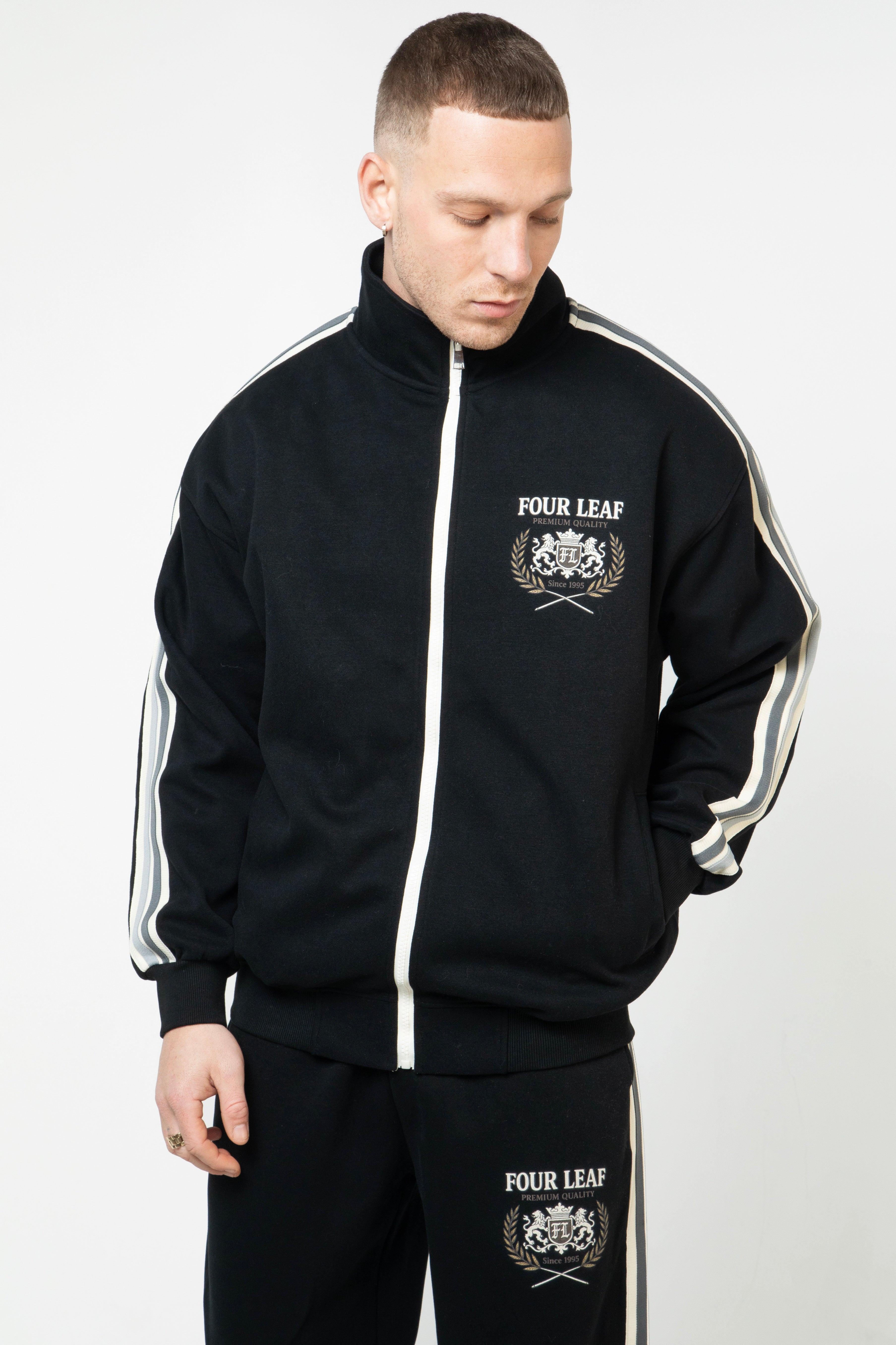 Heritage Track Jacket with Contrast Side-Stripe - Black