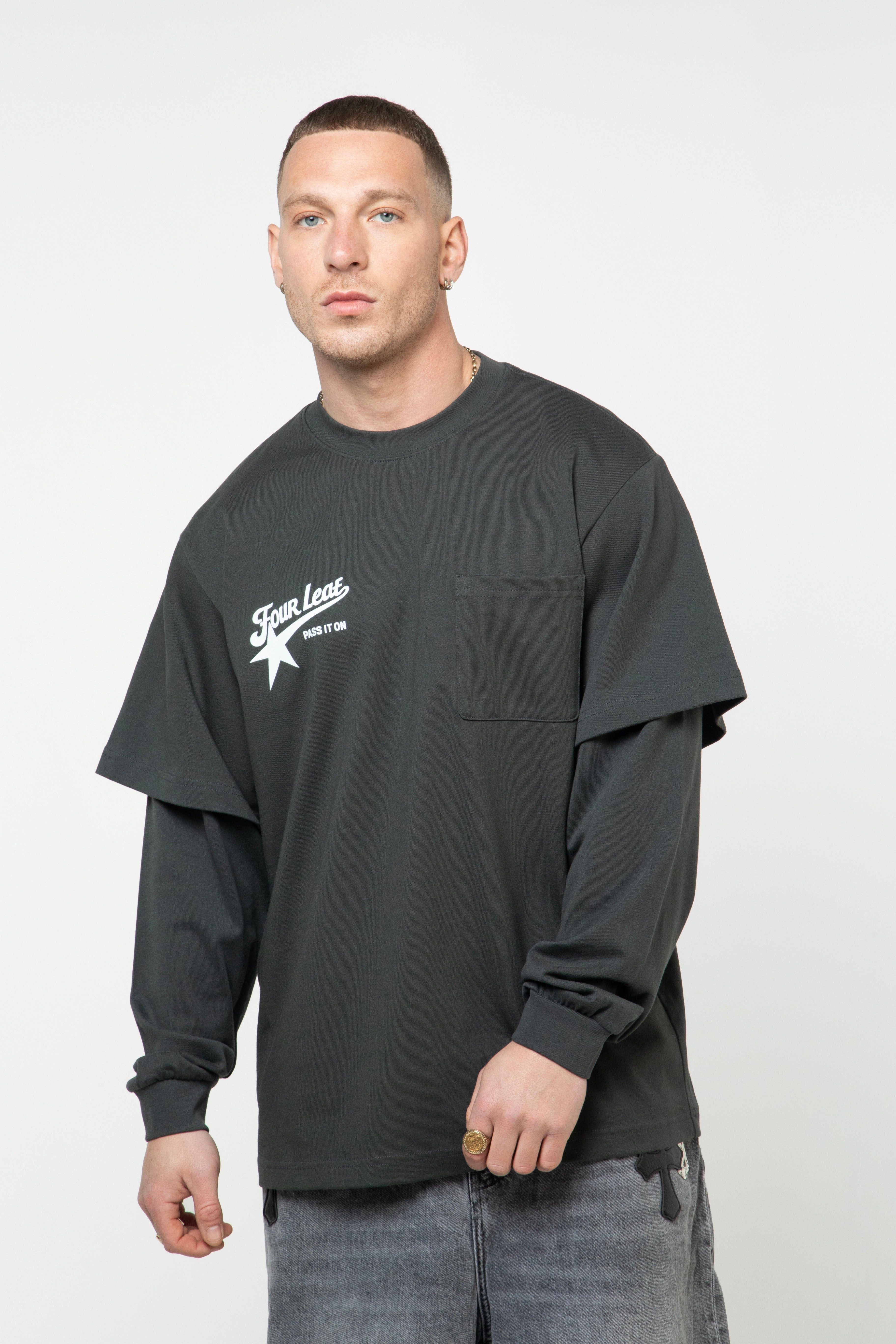 Pass It On Layered Long Sleeve Tee - Grey